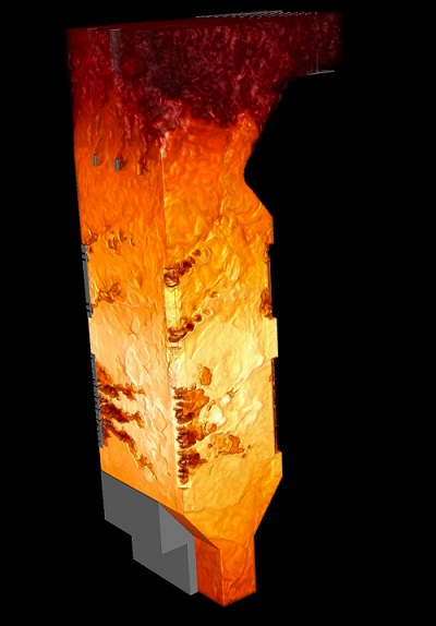 This cutaway of a supercomputer simulation shows coal combustion inside a proposed carbon-capturing power plant designed for lower costs and emissions. The University of Utah will use a $16 million grant from the National Nuclear Security Administration to conduct sophisticated supercomputer simulations aimed at developing such power plants to help provide electricity to poor nations and reduce greenhouse gas emissions in developed countries. $16M for Coal Energy Research