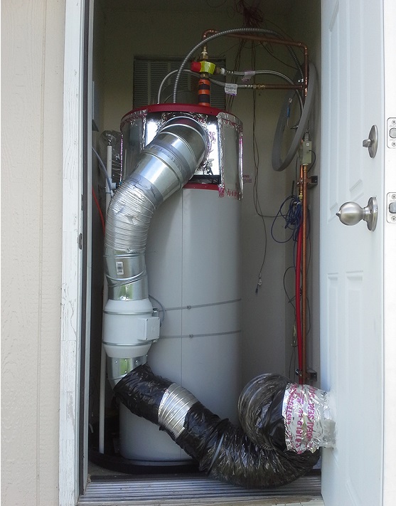 A fully ducted heat pump water heater, with ducting that collects air to warm water and exhausts used air outside. PNNL researchers found fully ducting a heat pump water heater reduced a home's total annual energy use by 4.2 percent, providing a $1,982 10-year cost savings for a 1,500-square-foot home. A fully ducted heat pump water heater, with ducting that collects air to warm water and exhausts used air outside. PNNL researchers found fully ducting a heat pump water heater reduced a home's total annual energy use by 4.2 percent, providing a $1,982 10-year cost savings for a 1,500-square-foot home.