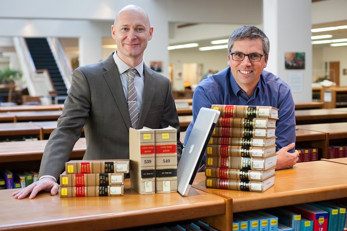 U.Va. Law associate professor Michael Livermore, left, and librarian Jon Ashley teamed up with a colleague at Dartmouth College to closely analyze 25,000 Supreme Court opinions. (Photo: Tom Daly) U.Va. Law associate professor Michael Livermore, left, and librarian Jon Ashley teamed up with a colleague at Dartmouth College to closely analyze 25,000 Supreme Court opinions. (Photo: Tom Daly)