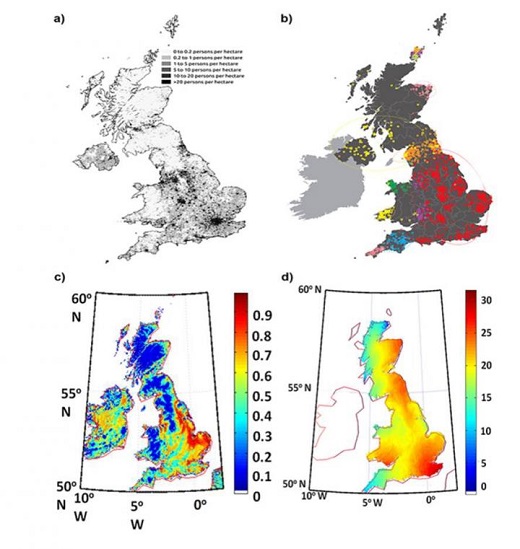 CAPTION This image shows a) the current British population density, b) the genetic map, c) the habitability of the landmass, and d) simulated distribution in population after 2,000 steps. CREDIT Mayank N. Vahia, Uma Ladiwala, Pavan Mahathe, and Deepak Mathur CAPTION This image shows a) the current British population density, b) the genetic map, c) the habitability of the landmass, and d) simulated distribution in population after 2,000 steps. CREDIT Mayank N. Vahia, Uma Ladiwala, Pavan Mahathe, and Deepak Mathur