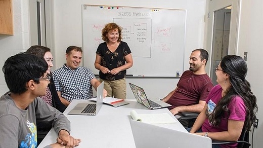 CAPTION Conducting research on energy-efficient software are (from left) University of Delaware undergraduate students Gifan Thadathil and Kate Travers, assistant professor James Clause, professor Lori Pollock, and doctoral students Cagri Sahin and Irene Manotas. CREDIT Kathy F. Atkinson/University of Delaware CAPTION Conducting research on energy-efficient software are (from left) University of Delaware undergraduate students Gifan Thadathil and Kate Travers, assistant professor James Clause, professor Lori Pollock, and doctoral students Cagri Sahin and Irene Manotas. CREDIT Kathy F. Atkinson/University of Delaware