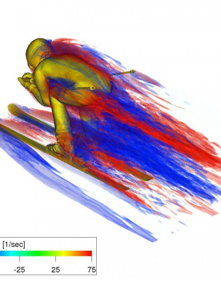 This is a flow visualization of dominant vortex structure of the full-tuck posture of the downhill skier at a flow speed of 40 m/s. Red: counterclockwise vortexes, Blue: clockwise vortexes, viewed from the back.