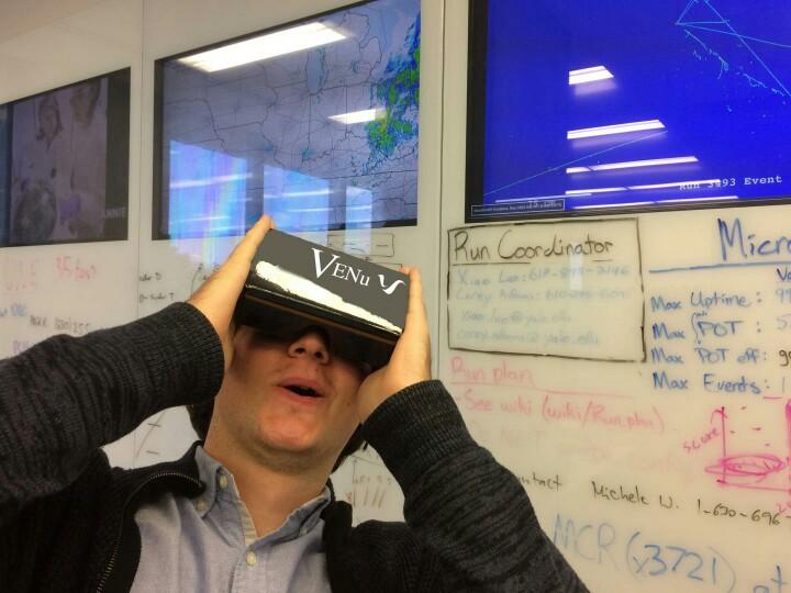 CAPTION A 3-D platform, VENu works with Google Cardboard and is designed to exhibit both virtual and augmented reality features. The personal virtual reality viewer allows users to understand the many complexities and intricacies of the Microboone experiment and to learn more about neutrinos. CAPTION A 3-D platform, VENu works with Google Cardboard and is designed to exhibit both virtual and augmented reality features. The personal virtual reality viewer allows users to understand the many complexities and intricacies of the Microboone experiment and to learn more about neutrinos.