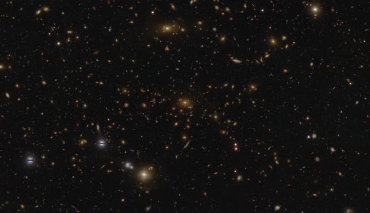 CAPTION This is a HSC-SSP image of a massive cluster of galaxies in the Virgo constellation showing numerous strong gravitational lenses. The distance to the central galaxy is 5.3 billion light years, while the lensed galaxies, apparent as the arcs around the cluster, are much more distant. This is a composite image in the g, r, and i band, and has a spatial resolution of about 0.6 arcseconds.