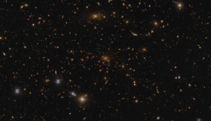 CAPTION This is a HSC-SSP image of a massive cluster of galaxies in the Virgo constellation showing numerous strong gravitational lenses. The distance to the central galaxy is 5.3 billion light years, while the lensed galaxies, apparent as the arcs around the cluster, are much more distant. This is a composite image in the g, r, and i band, and has a spatial resolution of about 0.6 arcseconds. CAPTION This is a HSC-SSP image of a massive cluster of galaxies in the Virgo constellation showing numerous strong gravitational lenses. The distance to the central galaxy is 5.3 billion light years, while the lensed galaxies, apparent as the arcs around the cluster, are much more distant. This is a composite image in the g, r, and i band, and has a spatial resolution of about 0.6 arcseconds.