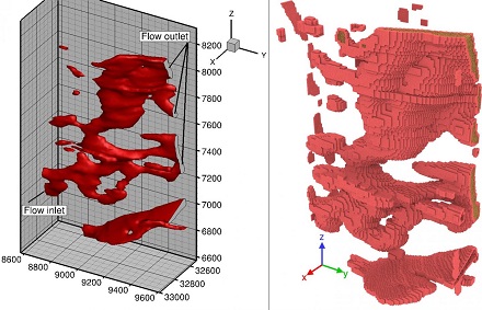 CAPTION The pore network of the Woodford shale sample (left) and the fluid that fills the pores according to the computer model (right). CREDIT Yidong Xia CAPTION The pore network of the Woodford shale sample (left) and the fluid that fills the pores according to the computer model (right). CREDIT Yidong Xia