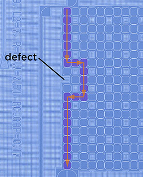 In this false-color scanning electron microscope image, the arrow shows the path light takes as it hops between silicon rings along the edge of the chip, successfully avoiding defects – in this case a missing ring. NIST/JQI Team 'Gets the Edge' on Photon Transport in Silicon