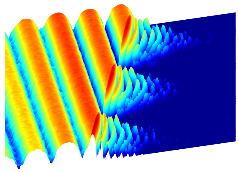 Oscillations of photons create an image of frozen light. At first, photons in the experiment flow easily between two superconducting sites, producing the large waves shown at left. After a time, the scientists cause the light to "freeze," trapping the photons in place. Fast oscillations on the right of the image are evidence of the new trapped behavior. Oscillations of photons create an image of frozen light. At first, photons in the experiment flow easily between two superconducting sites, producing the large waves shown at left. After a time, the scientists cause the light to "freeze," trapping the photons in place. Fast oscillations on the right of the image are evidence of the new trapped behavior.