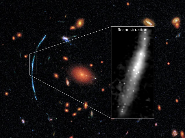 CAPTION In this Hubble photograph of a distant galaxy cluster, a spotty blue arc stands out against a background of red galaxies. That arc is actually three separate images of the same background galaxy. The background galaxy has been gravitationally lensed, its light magnified and distorted by the intervening galaxy cluster. On the right: How the galaxy would look to Hubble without distortions. CREDIT NASA, ESA, and T. Johnson (University of Michigan) CAPTION In this Hubble photograph of a distant galaxy cluster, a spotty blue arc stands out against a background of red galaxies. That arc is actually three separate images of the same background galaxy. The background galaxy has been gravitationally lensed, its light magnified and distorted by the intervening galaxy cluster. On the right: How the galaxy would look to Hubble without distortions. CREDIT NASA, ESA, and T. Johnson (University of Michigan)