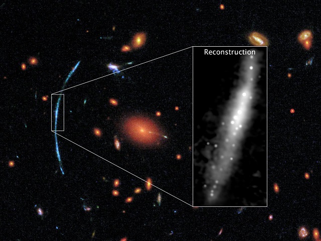 CAPTION In this Hubble photograph of a distant galaxy cluster, a spotty blue arc stands out against a background of red galaxies. That arc is actually three separate images of the same background galaxy. The background galaxy has been gravitationally lensed, its light magnified and distorted by the intervening galaxy cluster. On the right: How the galaxy would look to Hubble without distortions. CREDIT NASA, ESA, and T. Johnson (University of Michigan)