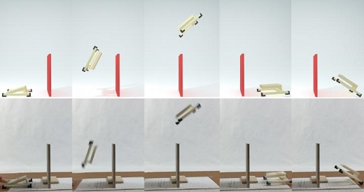 CAPTION A simulation (top row) and real-world experiment (bottom row) match for the same jumping mechanism designed to flip over a wall and land right side up on the other side. This simulation was generated by a new method that accurately predicts the real-world behavior of such mechanisms undergoing large-deformations, high-speed dynamics, frictional contact and impact. It does so at speeds fast enough to now be used in automated design algorithms that must rapidly, yet accurately, predict whether a design will work or fail. CREDIT (Credit: Desai Chen) CAPTION A simulation (top row) and real-world experiment (bottom row) match for the same jumping mechanism designed to flip over a wall and land right side up on the other side. This simulation was generated by a new method that accurately predicts the real-world behavior of such mechanisms undergoing large-deformations, high-speed dynamics, frictional contact and impact. It does so at speeds fast enough to now be used in automated design algorithms that must rapidly, yet accurately, predict whether a design will work or fail. CREDIT (Credit: Desai Chen)