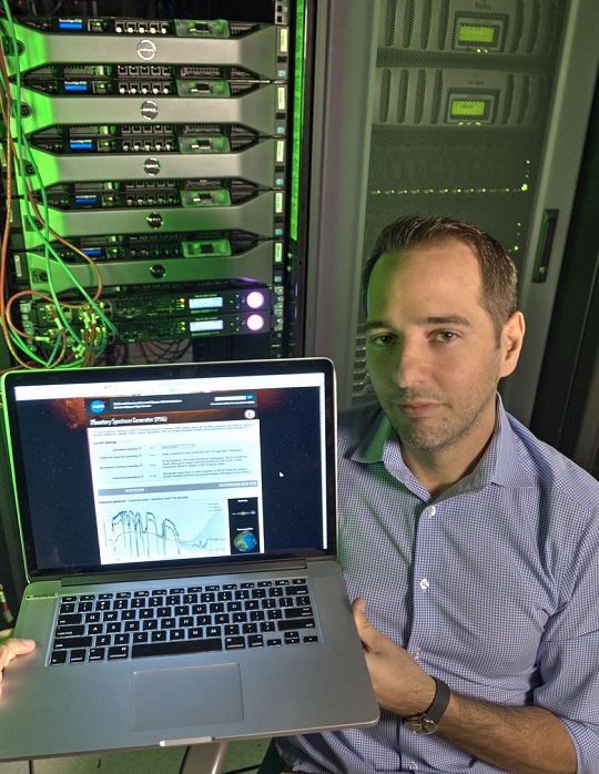 CAPTION Planetary scientist Geronimo Villaneuva has created an online application that accesses at least one terabyte of data to calculate everything from the spectrum of an exoplanet and the weather on Mars to the chemical makeup and orbit of a celestial object. The simple-to-use Planetary Spectrum Analyzer employs high-performing computer clusters at Goddard. CREDIT Credits: NASA/W. Hrybyk CAPTION Planetary scientist Geronimo Villaneuva has created an online application that accesses at least one terabyte of data to calculate everything from the spectrum of an exoplanet and the weather on Mars to the chemical makeup and orbit of a celestial object. The simple-to-use Planetary Spectrum Analyzer employs high-performing computer clusters at Goddard. CREDIT Credits: NASA/W. Hrybyk