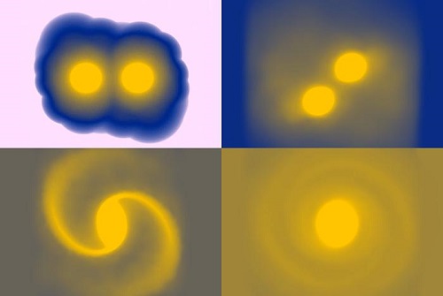 The merger of two equal mass neutron stars is simulated using the 3-D code SNSPH. As the two stars merge, their outer edge ejects a spiral of neutron-rich material. The radioactivity in this ejected material is the primary power source for the optical and infrared light observed in the kilonova. A single hyper-massive neutron star remains at the center in a wide field of ejecta material. This hyper-massive neutron star will quickly collapse to a black hole. The merger of two equal mass neutron stars is simulated using the 3-D code SNSPH. As the two stars merge, their outer edge ejects a spiral of neutron-rich material. The radioactivity in this ejected material is the primary power source for the optical and infrared light observed in the kilonova. A single hyper-massive neutron star remains at the center in a wide field of ejecta material. This hyper-massive neutron star will quickly collapse to a black hole.