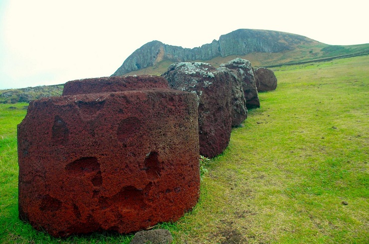 Pukao are large, cylindrical stones made from a volcanic rock known as 'red scoria.' Weighing multiple tons, they were placed on the heads of the moai during prehistoric times, consistent with the Polynesian traditions of honoring their ancestors. CREDIT Carl LIpo Pukao are large, cylindrical stones made from a volcanic rock known as 'red scoria.' Weighing multiple tons, they were placed on the heads of the moai during prehistoric times, consistent with the Polynesian traditions of honoring their ancestors. CREDIT Carl LIpo