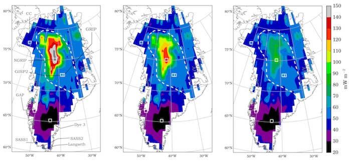 CAPTION These are geothermal heat flux predictions for Greenland. Direct GHF measurements from the coastal rock cores, inferences from ice cores, and additional Gaussian-fit GHF data around ice core sites are used as training samples. Predictions are shown for three different values. The white dashed region roughly shows the extent of elevated heat flux and a possible trajectory of Greenland's movement over the Icelandic plume. CAPTION These are geothermal heat flux predictions for Greenland. Direct GHF measurements from the coastal rock cores, inferences from ice cores, and additional Gaussian-fit GHF data around ice core sites are used as training samples. Predictions are shown for three different values. The white dashed region roughly shows the extent of elevated heat flux and a possible trajectory of Greenland's movement over the Icelandic plume.