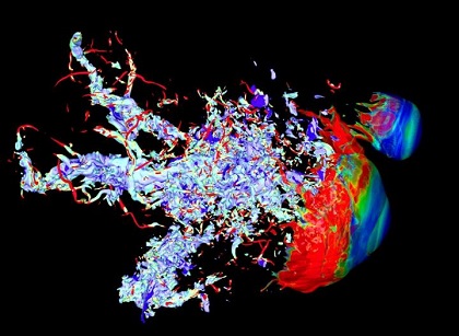 CAPTION The formation of filaments upon the collision of a shock wave with two molecular clouds. CREDIT Valery Goryachev and Boris Rybakin CAPTION The formation of filaments upon the collision of a shock wave with two molecular clouds. CREDIT Valery Goryachev and Boris Rybakin