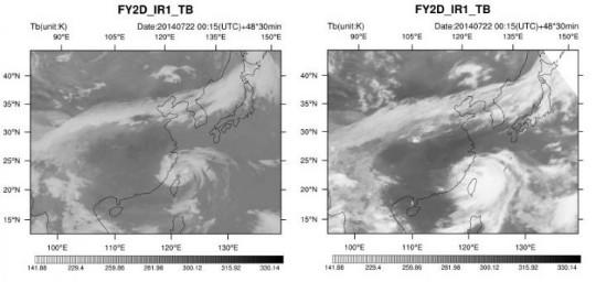 Distributions of simulated (left) and observed (right) brightness temperatures at the 24th hour. Distributions of simulated (left) and observed (right) brightness temperatures at the 24th hour.