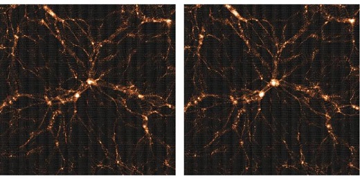 CAPTION The weak lensing surveys such as HSC prefer a slightly less clumpy Universe (left) than that predicted by Planck (right). The pictures show the slight but noticeable difference as expected from large supercomputer simulations.