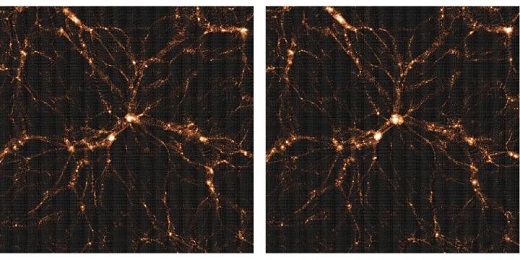 CAPTION The weak lensing surveys such as HSC prefer a slightly less clumpy Universe (left) than that predicted by Planck (right). The pictures show the slight but noticeable difference as expected from large supercomputer simulations. CAPTION The weak lensing surveys such as HSC prefer a slightly less clumpy Universe (left) than that predicted by Planck (right). The pictures show the slight but noticeable difference as expected from large supercomputer simulations.