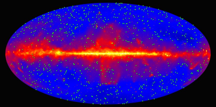 This map of the entire sky shows the location of 739 blazars used in the Fermi Gamma-ray Space Telescope's measurement of the extragalactic background light (EBL). The background shows the sky as it appears in gamma rays with energies above 10 billion electron volts, constructed from nine years of observations by Fermi's Large Area Telescope. The plane of our Milky Way galaxy runs along the middle of the plot. This map of the entire sky shows the location of 739 blazars used in the Fermi Gamma-ray Space Telescope's measurement of the extragalactic background light (EBL). The background shows the sky as it appears in gamma rays with energies above 10 billion electron volts, constructed from nine years of observations by Fermi's Large Area Telescope. The plane of our Milky Way galaxy runs along the middle of the plot.