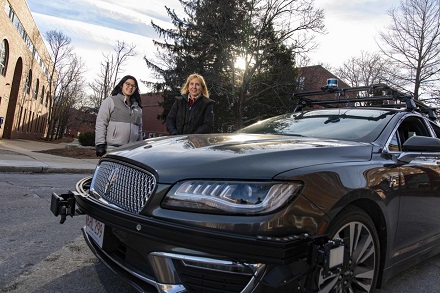 CAPTION Elke Rundensteiner, right, professor of computer science at Worcester Polytechnic Institute (WPI), and PhD student Allison Rozet, stand beside an autonomous vehicle testbed used in research at WPI. The analytics tools Rundensteiner and Rozet are developing could make driverless cars safer by analyzing data streaming from vehicles in real time. CAPTION Elke Rundensteiner, right, professor of computer science at Worcester Polytechnic Institute (WPI), and PhD student Allison Rozet, stand beside an autonomous vehicle testbed used in research at WPI. The analytics tools Rundensteiner and Rozet are developing could make driverless cars safer by analyzing data streaming from vehicles in real time.