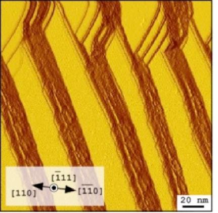 CAPTION Spatial-derivative STM images with 200x200 nm^2 at Vs = +1.5 V. Flat terraces become brighter and edges darker. The downstairs direction runs from left ((110) top-surface) to right ((-1-10) back-surface).