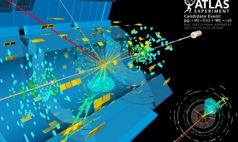 A candidate event display for the production of a Higgs boson decaying to two b-quarks (blue cones), in association with a W boson decaying to a muon (red) and a neutrino. The neutrino leaves the detector unseen, and is reconstructed through the missing transverse energy (dashed line). Credit: ATLAS Collaboration/CERN