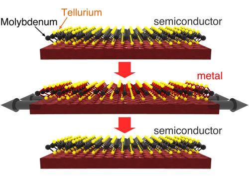 In the top panel, this three-atom thick crystal is shown as semiconductor that is non-conductive. An outward tug on the material (shown in the middle panel) clicks the crystal into a metallic, or conductive state. The third panel shows the crystal back in a non-conductive state. Credit: Karel-Alexander Duerloo In the top panel, this three-atom thick crystal is shown as semiconductor that is non-conductive. An outward tug on the material (shown in the middle panel) clicks the crystal into a metallic, or conductive state. The third panel shows the crystal back in a non-conductive state. Credit: Karel-Alexander Duerloo