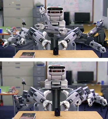 In these time-lapse photos, a robot is guided by two different algorithms as it attempts to grasp a coffee cup on a desk. In the first (top), the robot flails about randomly before reaching toward the cup. But when it runs a new algorithm designed by MIT researchers (bottom), its movements are much more efficient and predictable. Images: Sertac Karaman In these time-lapse photos, a robot is guided by two different algorithms as it attempts to grasp a coffee cup on a desk. In the first (top), the robot flails about randomly before reaching toward the cup. But when it runs a new algorithm designed by MIT researchers (bottom), its movements are much more efficient and predictable. Images: Sertac Karaman