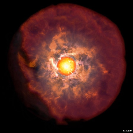 Artist’s impression of a red supergiant surrounded with thick circumstellar matter. Artist’s impression of a red supergiant surrounded with thick circumstellar matter.