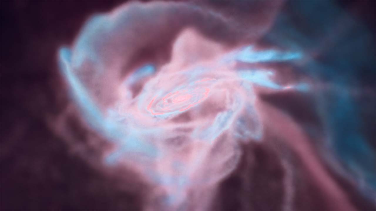 Visualization of the simulation by ATERUI III showing a rapidly growing black hole surrounded by gas. Red indicates areas of higher temperature. (Credit: Sunmyon Chon, Takaaki Takeda, 4D2U Project, NAOJ)