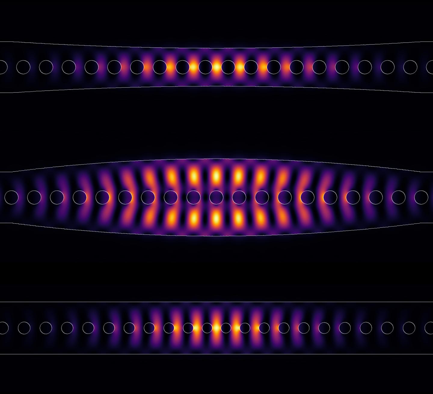 CAPTION Various designs form photonic crystals which concentrate light in a cavity.  CREDIT J. Olthaus, P. Schrinner et al./Adv. Quantum Technol.