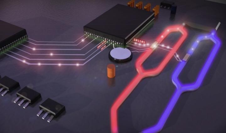 CAPTION On this illustrated silicon chip (grey), electrical data (white) travels through the Mach-Zehnder interferometer (MZI) based electro-optical modulators, encoding electrical data into the optical domain by means of tunable plasmonic ITO-based phase shifters (golden patches atop both MZI sections) capable of operating at multiple wavelengths of light in the telecommunication-relevant C-band (red & purple). capable of operating at multiple wavelengths of light in the telecommunication-relevant C-band (red & purple), thus enhancing the speed and efficiency of optical applications such as data transmission or neural networks for artificial intelligence.  CREDIT Mario Miscuglio and Rubab Amin