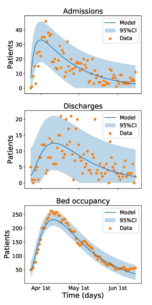 Output of the compartmental model and comparison with data. The solid line represents the output of the model with the parameters inferred from the data. The shaded region depicts the 95% confidence interval (95% CI) computed from the data, i.e. attributing all the error to measurement error. The dots correspond to observed data. Since all data are collected by manual counting and recording, there is a significant amount of noise. Furthermore, we cannot verify that the counting protocol has not changed during the period. There are between 1 and 5 outliers in each data set, out of a total of 82 data points, but generally the model captures the dynamics of the data and the situation (Colour version online).