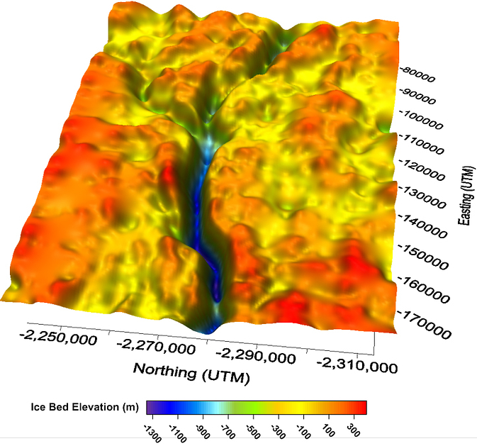 A 3-D map of bedrock beneath Jakobshavn Glacier generated with ice-penetrating radar data. Image Credit: Center for Remote Sensing of Ice Sheets A 3-D map of bedrock beneath Jakobshavn Glacier generated with ice-penetrating radar data. Image Credit: Center for Remote Sensing of Ice Sheets