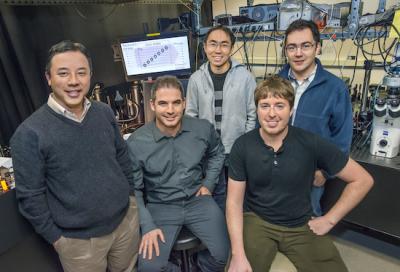 From left Xiang Zhang, Haim Suchowski, Zi Jing Wong, Kevin O'Brien and Alessandro Salandrino have created a nonlinear light-generating zero-index metamaterial that holds promise for future quantum networks and light sources. Photo by Roy Kaltschmidt, Berkeley Lab Berkeley Lab researchers create a nonlinear light-generating zero-index metamaterial