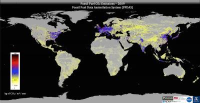 This image shows global fossil fuel carbon dioxide emissions as represented by the Fossil Fuel Data Assimilation System. This image shows global fossil fuel carbon dioxide emissions as represented by the Fossil Fuel Data Assimilation System.