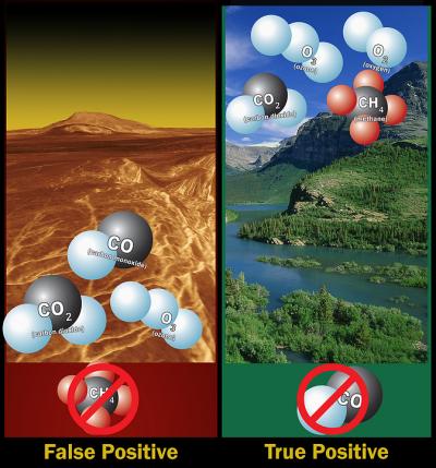 Left: Ozone molecules in a planet's atmosphere could indicate biological activity, but ozone, carbon dioxide and carbon monoxide -- without methane, is likely a false positive. Right: Ozone, oxygen, carbon dioxide and methane -- without carbon monoxide, indicate a possible true positive. Left: Ozone molecules in a planet's atmosphere could indicate biological activity, but ozone, carbon dioxide and carbon monoxide -- without methane, is likely a false positive. Right: Ozone, oxygen, carbon dioxide and methane -- without carbon monoxide, indicate a possible true positive.