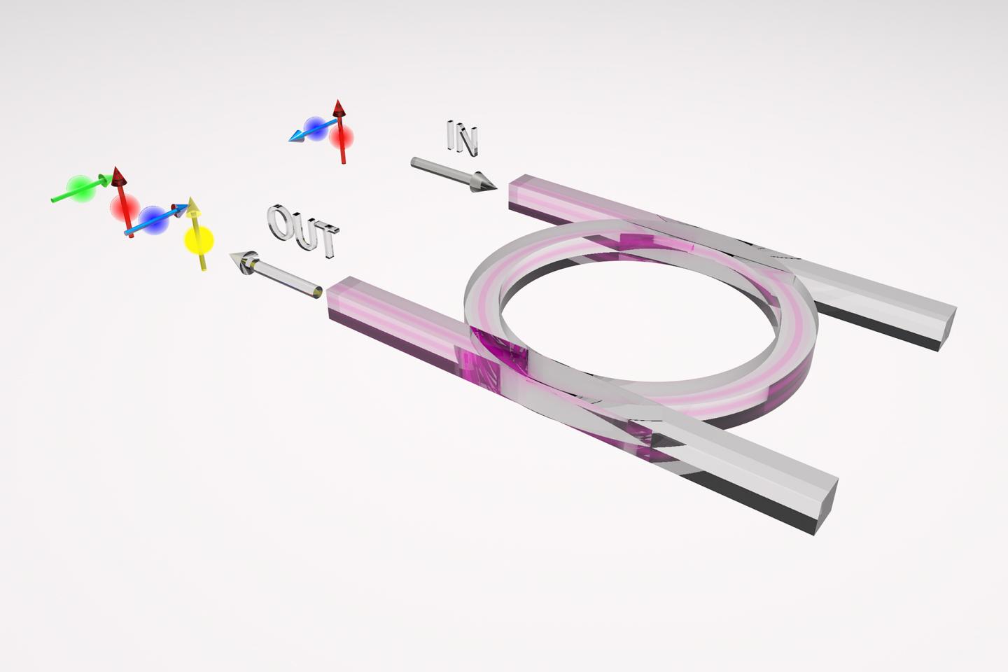 Cross-polarized pump photons (red and blue) interact in the micro-ring resonator to directly generate cross-polarized correlated photons (green and yellow).  Credit: Lucia Caspani