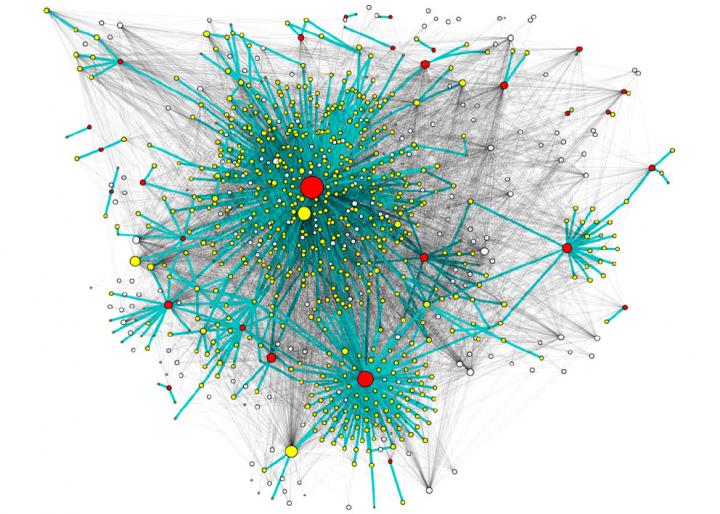 This is a visualization of the spreading of messages on Twitter (retweets network in green) on the followers network (grey). The nodes represent users and their size is proportional to the number of followers that they have. Red indicates users who have written original tweets and yellow indicates users who have retweeted them. Credit: Image adapted by A.J. Morales, R.M. Benito et al.-Social Networks This is a visualization of the spreading of messages on Twitter (retweets network in green) on the followers network (grey). The nodes represent users and their size is proportional to the number of followers that they have. Red indicates users who have written original tweets and yellow indicates users who have retweeted them. Credit: Image adapted by A.J. Morales, R.M. Benito et al.-Social Networks