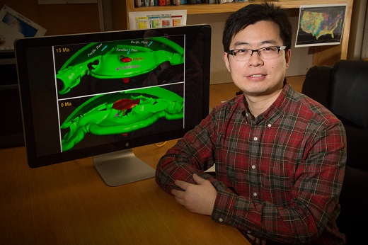 Geology professor Lijun Liu used computer simulations to study the origins of the Yellowstone supervolcano. Photo by L. Brian Stauffer Geology professor Lijun Liu used computer simulations to study the origins of the Yellowstone supervolcano. Photo by L. Brian Stauffer