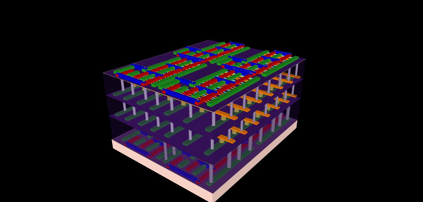 This illustration represents the four-layer prototype high-rise chip built by Stanford engineers. The bottom and top layers are logic transistors. Sandwiched between them are two layers of memory. The vertical tubes are nanoscale electronic "elevators" that connect logic and memory, allowing them to work together to solve problems. Credit: Max Shulaker, Stanford This illustration represents the four-layer prototype high-rise chip built by Stanford engineers. The bottom and top layers are logic transistors. Sandwiched between them are two layers of memory. The vertical tubes are nanoscale electronic "elevators" that connect logic and memory, allowing them to work together to solve problems. Credit: Max Shulaker, Stanford