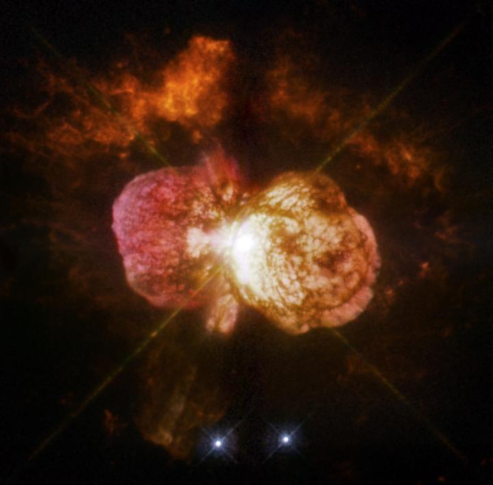 This is Eta Carinae's great eruption in the 1840s created the billowing Homunculus Nebula, imaged here by Hubble. Now about a light-year long, the expanding cloud contains enough material to make at least 10 copies of our sun. Astronomers cannot yet explain what caused this eruption. This is Eta Carinae's great eruption in the 1840s created the billowing Homunculus Nebula, imaged here by Hubble. Now about a light-year long, the expanding cloud contains enough material to make at least 10 copies of our sun. Astronomers cannot yet explain what caused this eruption.