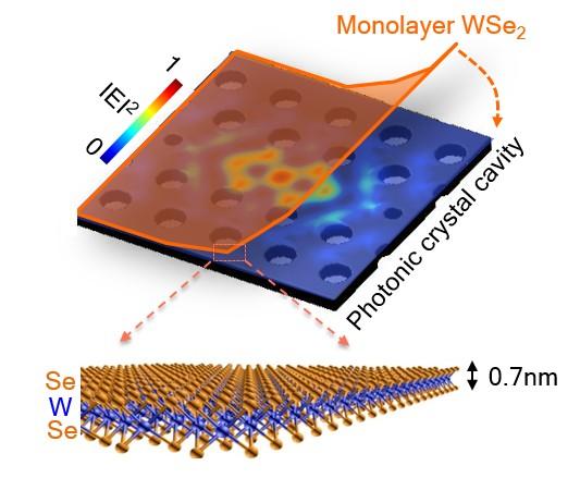The ultra-thin semiconductor, which is about 100,000 times thinner than a human hair, stretches across the top of the photonic cavity. The ultra-thin semiconductor, which is about 100,000 times thinner than a human hair, stretches across the top of the photonic cavity.