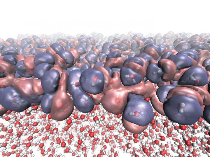 This shows the heterogeneous electronic density created by the diverse molecular orientations at the liquid-vapor interface of water. This shows the heterogeneous electronic density created by the diverse molecular orientations at the liquid-vapor interface of water.