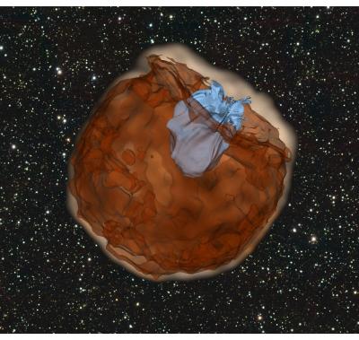 CAPTION This is a still from a simulation of a Type Ia supernova. In the simulation, a Type Ia supernova explodes (dark brown color). The supernova material is ejected outwards at a velocity of about 10,000 km/s. The ejected material slams into its companion star (light blue). Such a violent collision produces an ultraviolet pulse which is emitted from the conical hole carved out by the companion star. CREDIT Courtesy of Dan Kasen CAPTION This is a still from a simulation of a Type Ia supernova. In the simulation, a Type Ia supernova explodes (dark brown color). The supernova material is ejected outwards at a velocity of about 10,000 km/s. The ejected material slams into its companion star (light blue). Such a violent collision produces an ultraviolet pulse which is emitted from the conical hole carved out by the companion star. CREDIT Courtesy of Dan Kasen