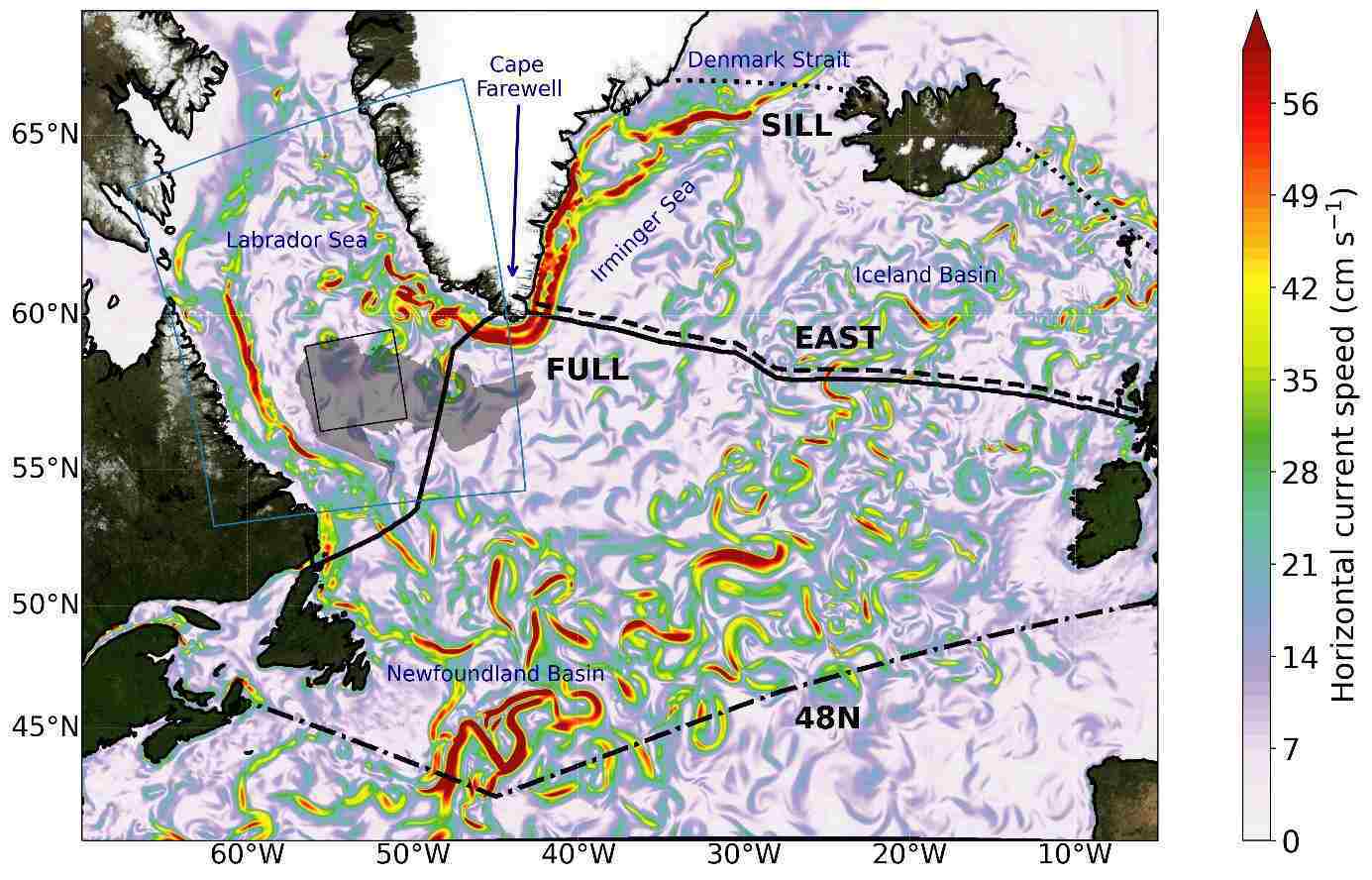 Circulation of the subpolar North Atlantic: The image shows a snapshot of the surface velocity in the high-resolution VIKING20X model, showing the meandering flow of the North Atlantic Current and the narrow boundary current that develops south of the Denmark Strait along the eastern continental shelf of Greenland. Shaded in grey is the area where convection exceeded 1800 m depth during the winters of 1990-1994.