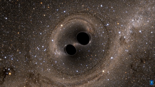 The collision of two black holes—an event detected for the first time ever by the Laser Interferometer Gravitational-Wave Observatory, or LIGO—is seen in this still from a computer simulation. LIGO detected gravitational waves, or ripples in space and time, generated as the black holes merged. The simulation shows what the merger would look like if we could somehow get a closer look. Time has been slowed by a factor of 100. The stars appear warped due to the strong gravity of the black holes.  Credit: SXS