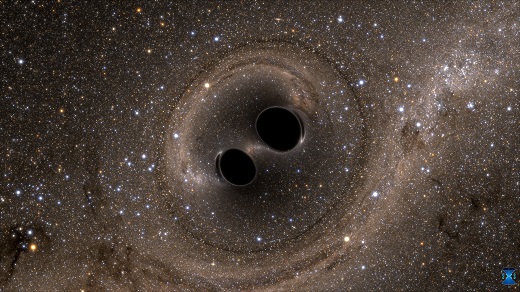 The collision of two black holes—an event detected for the first time ever by the Laser Interferometer Gravitational-Wave Observatory, or LIGO—is seen in this still from a computer simulation. LIGO detected gravitational waves, or ripples in space and time, generated as the black holes merged. The simulation shows what the merger would look like if we could somehow get a closer look. Time has been slowed by a factor of 100. The stars appear warped due to the strong gravity of the black holes. Credit: SXS The collision of two black holes—an event detected for the first time ever by the Laser Interferometer Gravitational-Wave Observatory, or LIGO—is seen in this still from a computer simulation. LIGO detected gravitational waves, or ripples in space and time, generated as the black holes merged. The simulation shows what the merger would look like if we could somehow get a closer look. Time has been slowed by a factor of 100. The stars appear warped due to the strong gravity of the black holes. Credit: SXS