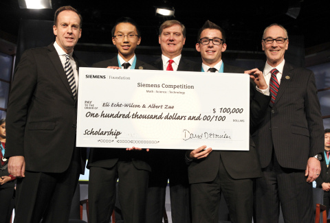 Albert Zuo and Eli Echt-Wilson are the team category winners of the 2014 National Siemens Competition in Math, Science & Technology, the nation's premier research competition for high school students. They receive a $100,000 college scholarship. Albert Zuo and Eli Echt-Wilson are the team category winners of the 2014 National Siemens Competition in Math, Science & Technology, the nation's premier research competition for high school students. They receive a $100,000 college scholarship.